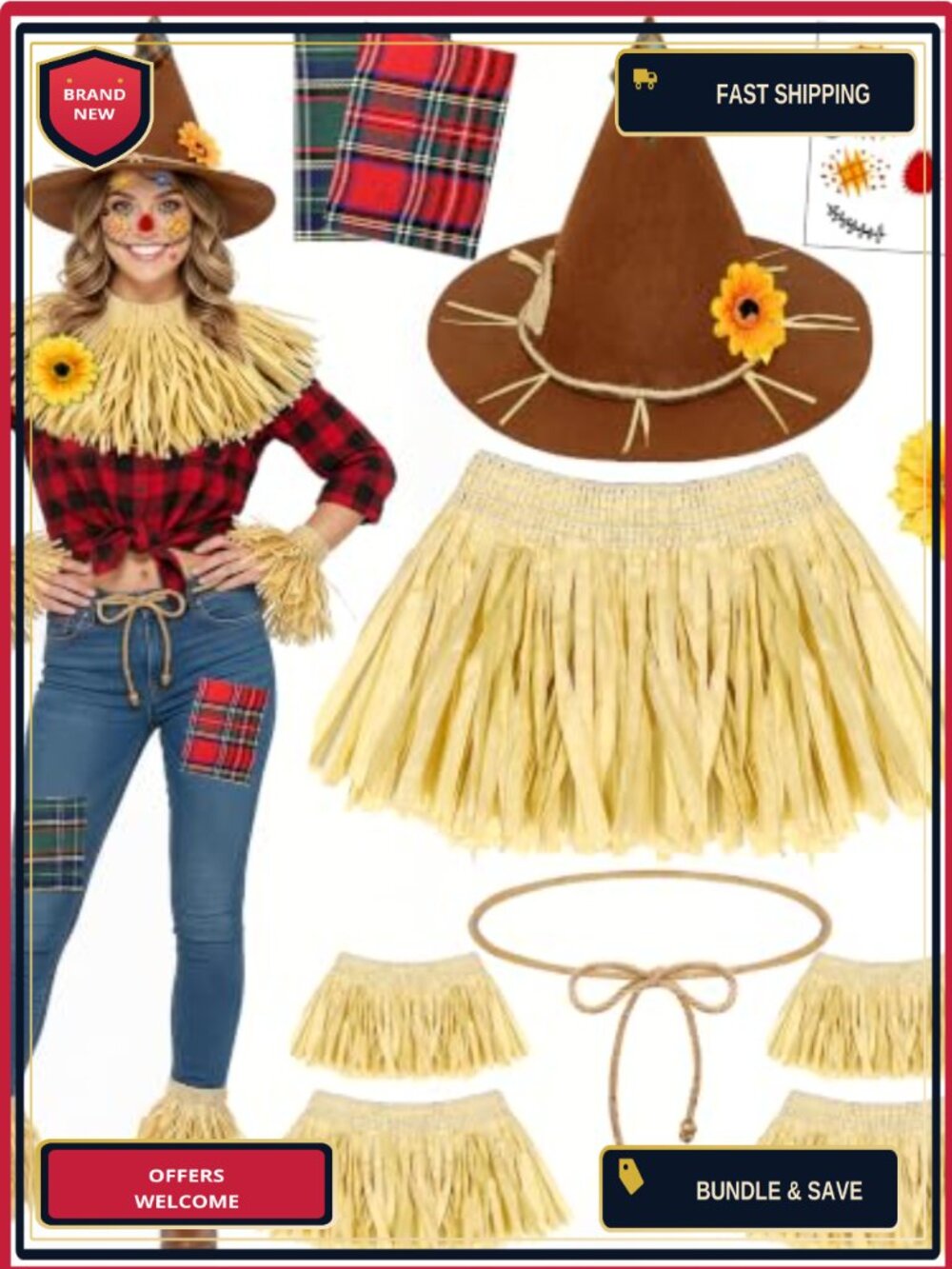 Scarecrow Costume Set Raffia Hat Headband Wrist Leg Ties Halloween